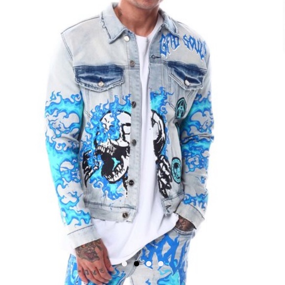 NWT!!! Mens “ Rock Star Status” denim jacket w/ stylish flame/ skull appliqués - Picture 4 of 5